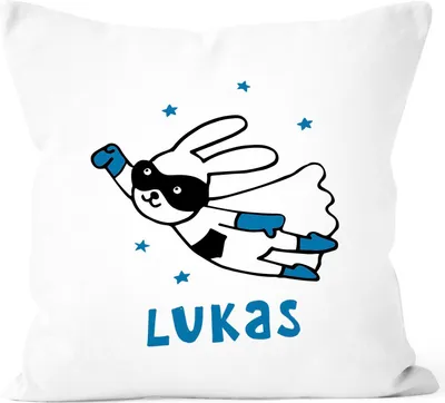 Produktbild von Kissen-Bezug Kinder mit Namen Hase Superheld Namenskissen Mädchen Jungen personalisiertes Geschenk Baby SpecialMe® Jungen weiß 40cm x 40cm