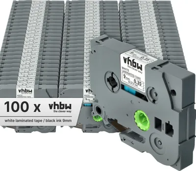 Produktbild von vhbw 100x Schriftband-Kassette kompatibel mit Brother PT 1230PC, 1200P, 1200, 1090, 1080, 1010, 1000-Serie Etiketten-Drucker 8m x 9mm Schwarz auf Weiß