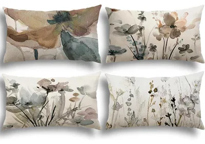 Produktbild von Kissenbezüge 30x50 cm Leinen Aquarell Blumen 4er Set Dekokissen für Sofa Couch Schlafzimmer Outdoor