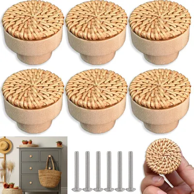 Produktbild von 6 Stück Rattan Möbelknöpfe Schrankknöpfe Schränke Möbelknöpfe Kommodenknöpfe Schubladenknöpfe Vintage Schubladenschrank Holz 4cm
