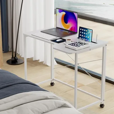 Produktbild von Klappbarer Schreibtisch,Computertisch auf Rollen,Laptoptisch PC Tisch Beistelltisch Schreibtisch für Schlafzimmer,Büro,Bett,Sofa 90x56x75cm Weiß