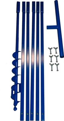 A set of blue metal auger drill bits and extension poles, along with a T-handle and wing nuts, laid out on a white background.