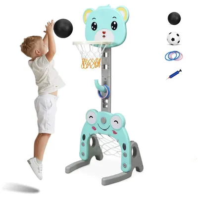 Image de Panier de basket pour enfants - Ensemble de jeu 3 en 1 - Réglable en hauteur - Panier de basket - But de football - Jeu de lancer - Bleu