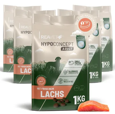 Produktbild von REAVET HYPOCONCEPT Hundetrockenfutter Lachs 5kg – Single-Protein mit Frischfleisch | Weizenfrei & ohne Zucker | Trockenfutter Adult für alle Hunde & Rassen, auch für sensible Hunde & allergikerfreundlich