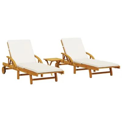 Two wooden lounge chairs with white cushions and a small wooden table between them, set against a white background.