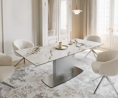 Produktbild von DELIFE Esstisch Edge 180-220x100 Keramik Calacatta Luxe Weiß-Gold-Grau Wave Edelstahl ausziehbar