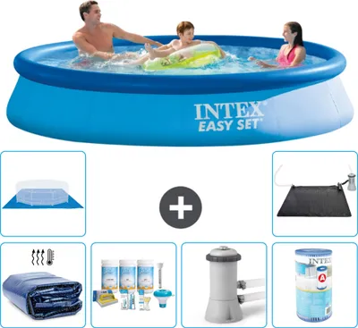 Produktbild von Intex runder aufblasbarer Easy-Set-Pool – 366 x 76 cm – Blau – im Lieferumfang enthalten Sonnensegel - Wartungspaket - Filterpumpe für Schwimmbad - Filter - Bodenplane - Solarmatte