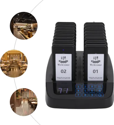A restaurant pager system with a charging base and multiple pagers, shown with inset images of restaurant interiors.
