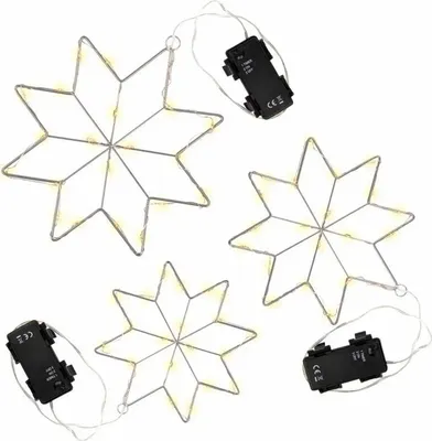 Three star-shaped LED lights with battery packs, arranged on a white background.