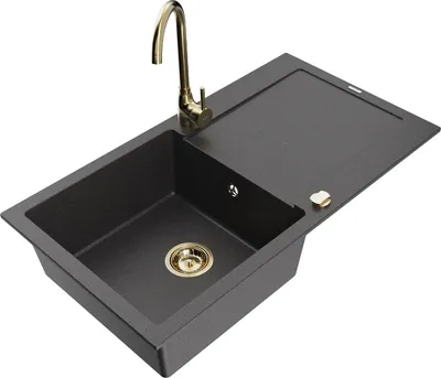 Produktbild von Mexen Leo 1 Becken-Granitspüle mit Abtropffläche und Mischbatterie Telma, Schwarz gesprenkelt - 6501-76-670200-50