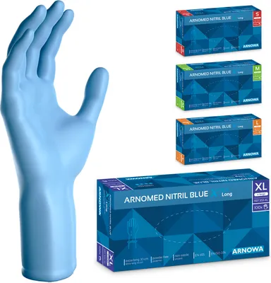 Produktbild von ARNOMED Nitril Handschuhe Blau, extra lang und robust, Größe XL | Box (100 Stück)
