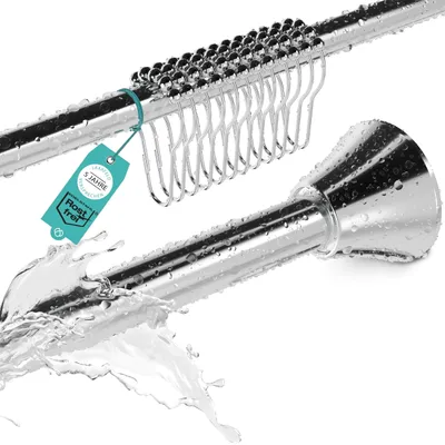 Produktbild von Duschvorhangstange ohne Bohren inkl. 12 Ringe - Stabile 120-215cm Teleskop Duschstange ohne Bohren aus Edelstahl rostfrei - Duschvorhang Stangen Set