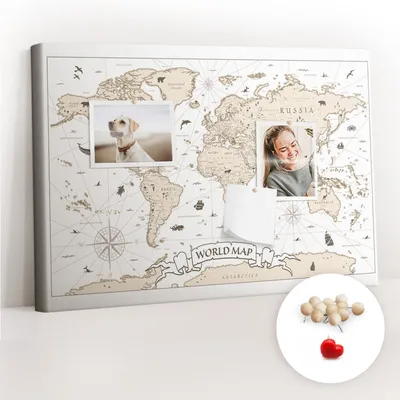 Immagine prodotto di Lavagna in sughero con puntine - Pannello con puntine per foto e appunti - 60x40 cm - Spille di legno, 100 pezzi - Mappa del mondo in stile vintage