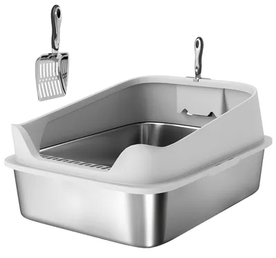 Obrázek produktu pro Kočičí toaleta z nerezové oceli s vysokým okrajem a lopatkou | Barva: Šedá | Rozměry: 50,3 x 69,8 x 29,8 cm