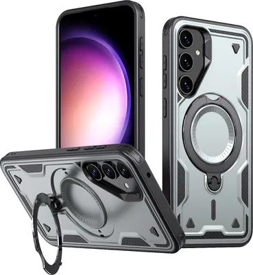 Produktbild von Dual Layer Hülle für Samsung Galaxy S23 FE Metall Ring Ständer Magnetisch Stoßfest Militär Handyhülle Grau