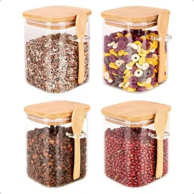 Immagine prodotto di Set di 4 contenitori con coperchio e cucchiaino - Contenitori rettangolari in vetro da 950 ml - Barattoli in vetro per la preparazione dei pasti - Barattoli ermetici per erbe aromatiche - In vetro borosilicato - Barattoli per la conservazione delle spezie - Organizzazione della cucina