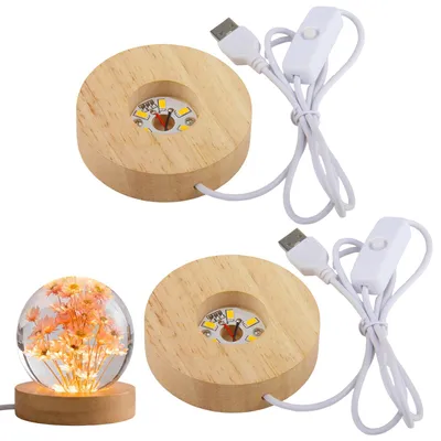 2 LED-Holzsockel, rund, warmweiß, 8x8x2 cm, für Dekoration