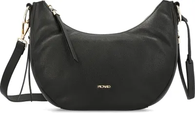 A black leather handbag is shown against a white background.