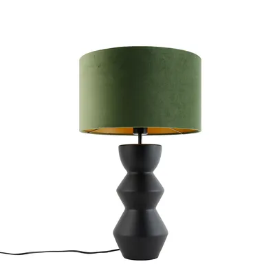 Produktbild von QAZQA - Design Tischleuchte I Tischlampe I Lampe I Leuchte schwarzer Samt-Schirm grün mit Gold I Messing 35 cm - Alisia I Wohnzimmer I Schlafzimmer - Keramik Rund - LED geeignet E27