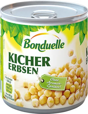 A can of Bonduelle chickpeas with a label indicating they are fresh and without flavor additives.