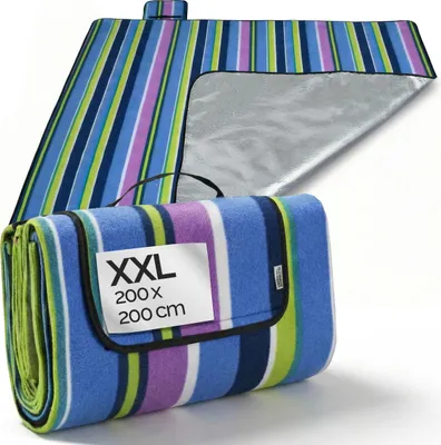 Produktbild von DETEX® Picknickdecke Campingdecke XXL 200x200 cm Wasserdicht Wärmeisoliert Waschbar Fleece Faltbar für 4-6 Personen Garten Stranddecke Streifen