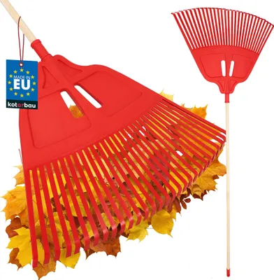 Obrázok produktu pre KOTARBAU® Lopatka na lístie z plastu 67 cm s drevenou rukoväťou 1,5 m Extra Click Heurechen Lopatka na lístie Hrable na jesenné lístie a strihanie živých plotov Záhradné hrable z plastu Červená farba a prírodné drevo