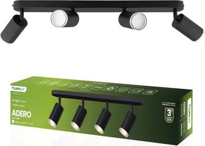 A black four-light track lighting fixture is shown above its packaging box.