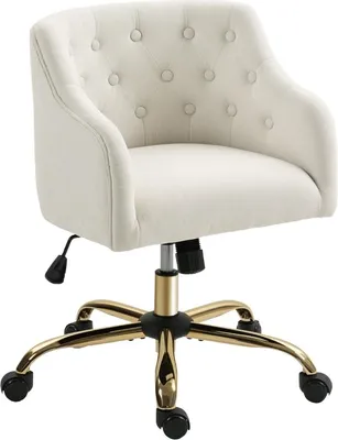 Image de Chaise de bureau Fortuna Lai, chaise de bureau pivotante, chaise de bureau réglable en hauteur avec fonction bascule, aspect lin, chaise de maquillage pour chambre à coucher, bureau, beige