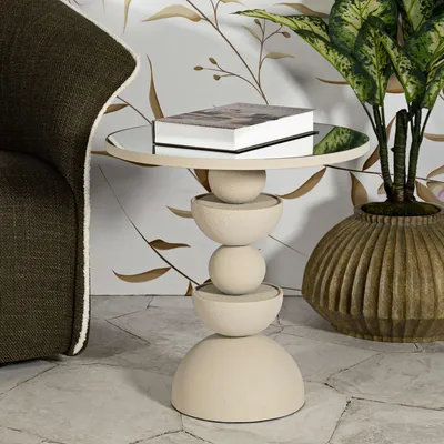 Immagine prodotto di Famefali - Tavolino da Salotto, 45x45x50h cm Bianco Crema, Forma Rotondo