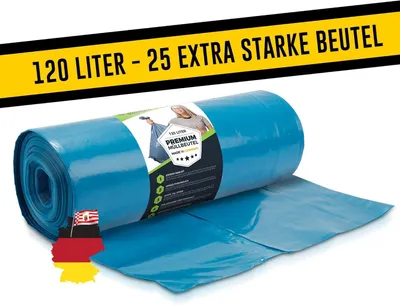 Imagen del producto de Bolsas de basura de 120 litros, color azul, 25 unidades, resistentes al desgarro, para uso en la cocina y el jardín