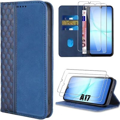 Image de Coque + 2 Verres Trempés pour Samsung Galaxy A17 5G/4G, Protection Anti-Rayures Effet Cuir Bleu Marine