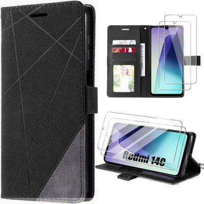 Image de Coque et 2 Verres Trempés pour Xiaomi Redmi 14C - Effet Cuir Anti-Rayure Antichoc Protection 360° - Noir