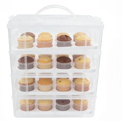Immagine prodotto di Contenitore per cupcake - Scatola di stoccaggio impilabile - 4 livelli - 48 scomparti - Trasparente - Plastica PP - Con maniglia per il trasporto