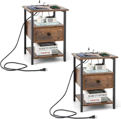 Two identical nightstands are shown against a white background, each with a power cord plugged in.