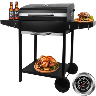 Produktbild von SunJas Holzkohlegrill CA-6146 Grillwagen Temperaturanzeige Gartengrill Seitenablage Kompakt Holzkohlegrill Grillfläche: ca. 42 x 50 cm Kohlegrill