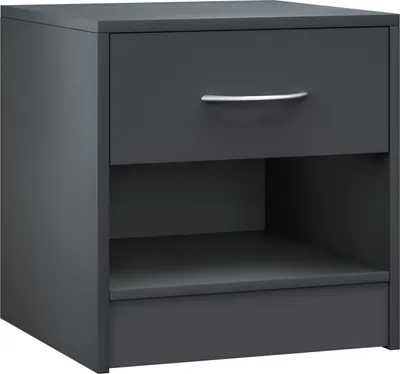 A dark gray nightstand with one drawer and an open shelf.