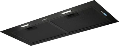 A black range hood is shown against a white background.