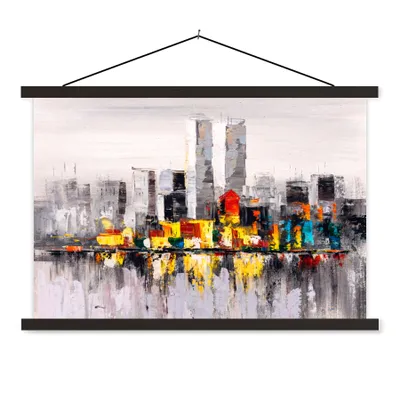 Produktbild von MuchoWow® Textilposter Gemälde - Skyline - Farben - Ölfarbe 90x60 cm mit schwarzem Rahmen - Aufhängungssatz