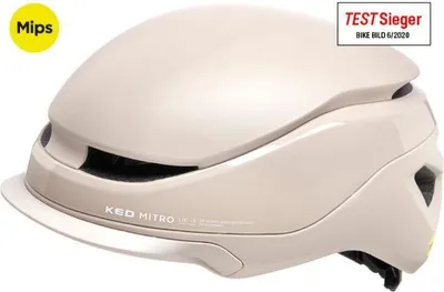 A beige bicycle helmet is shown against a white background.