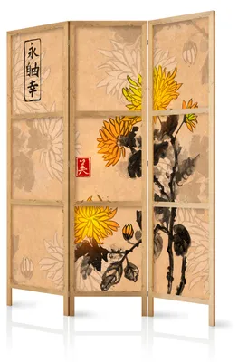 Produktbild von Muralo Japanischer PARAVENT 3-teilig Raumteiler klappbar PREMIUM-Vliesleinwand AQUARELL CHRYSAMTHEMEN für Schlafzimmer 135cmx172cm