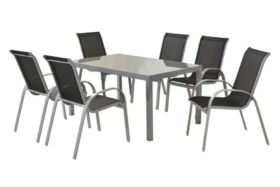 A set of outdoor furniture, including a table and six chairs, displayed against a white background.