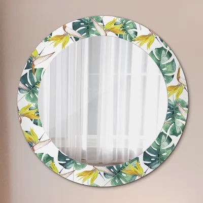 Produktbild von Wohnzimmer Spiegel - Mirror zum Wandspiegel Schlafzimmer – Schminkspiegel - Tropisch Blätter - Rund: Ø60 cm