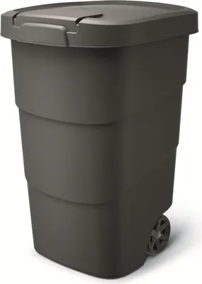 A dark gray trash can with a black lid and wheels, shown from a slightly angled front view against a white background.