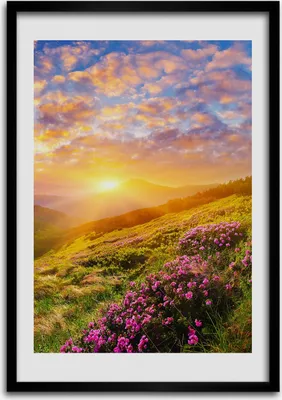 Produktbild von Bild - Bilderrahmen - 50 cm x 70 cm - MDF - Rahmen - Wandkunst Sonnenuntergang Berge