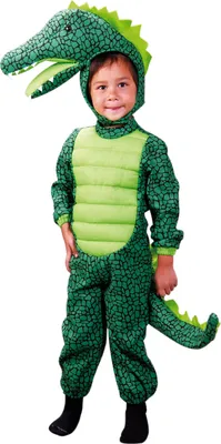 A child wearing a green crocodile costume.
