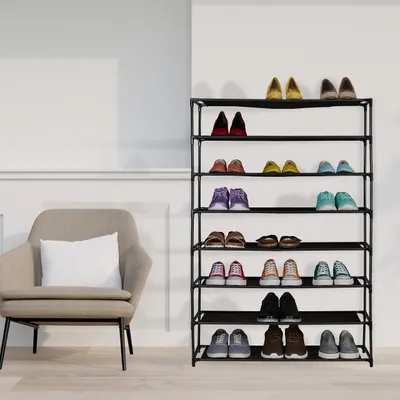 Produktbild von Relaxdays Schuhregal, mit 6 Ebenen, Metall Schuhablage, Stoff Ablage, Schuhgestell für den Flur, Schuhständer, schwarz