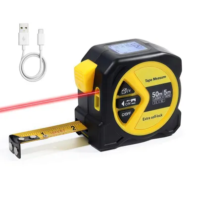 Produktbild von 2-in-1 Digitales Laser-Bandmaß, wiederaufladbar, 50m Laser, 5m Band mit Arretierung, beleuchtetes LCD, Flächen-/Volumenberechnung, verschiedene Einhei
