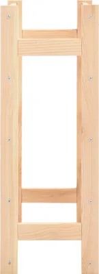 A wooden wine rack structure against a white background.
