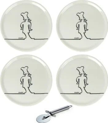 Produktbild von 4er Set Saturnia Pizzateller Ø31cm aus Porzellan mit lustigem Koch-Motiv inkl. Pizzaschneider