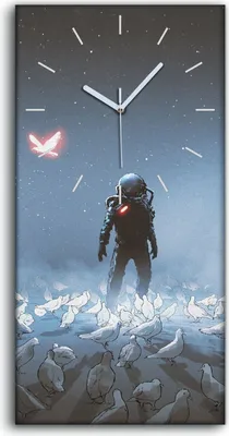 Produktbild von Wanduhr Leinwand Bild Uhr Quarz 30x60 Astronaut steht zwischen Vogelschwarm - weiße Hände